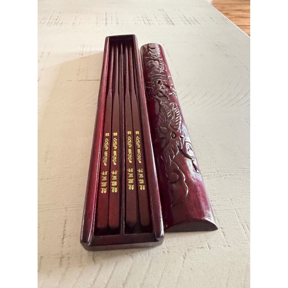 Vintage Carved Wood Dragon Chopstick Set with Matching Case Dark Red Wood